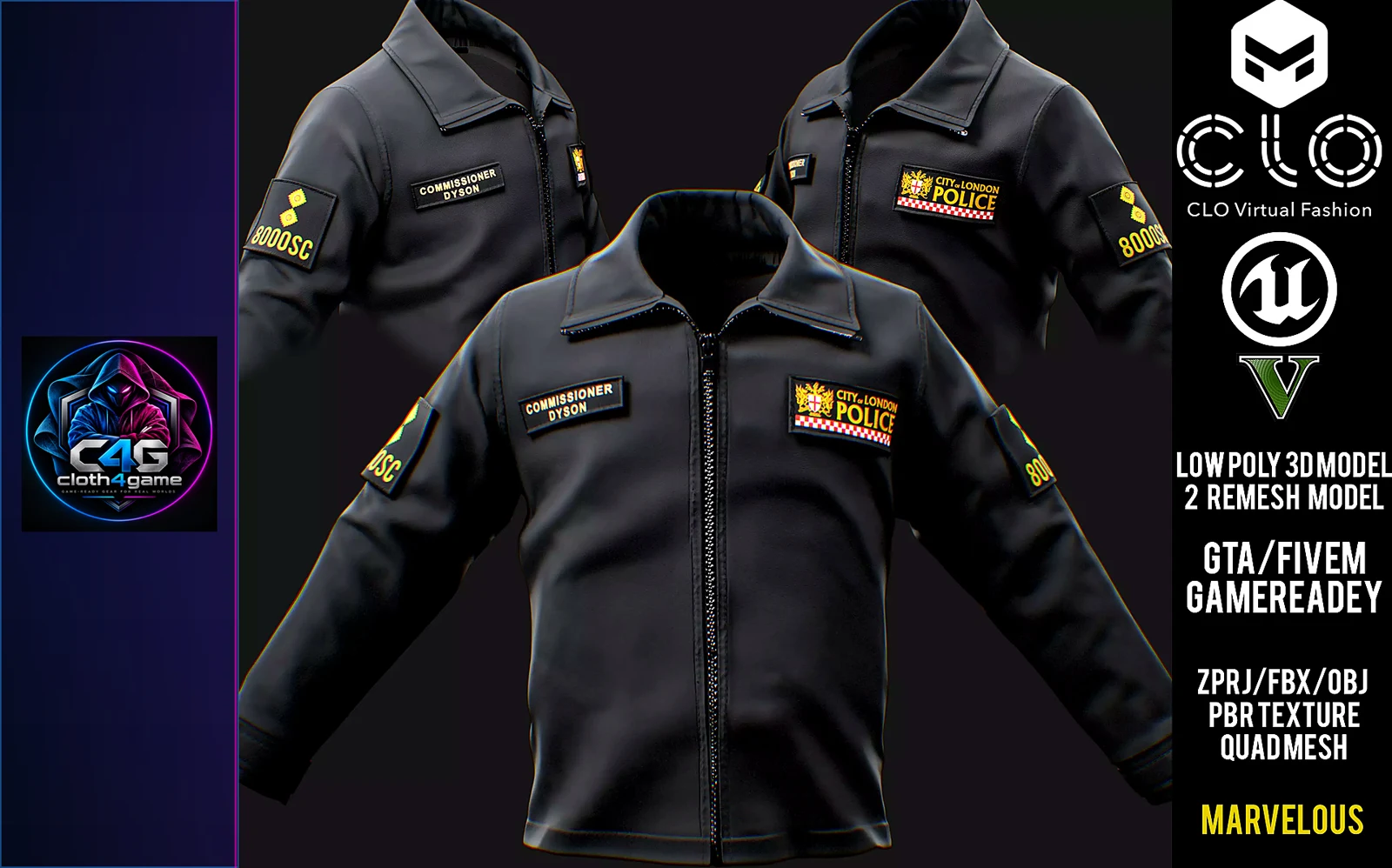English Police Softshell Jacket for GTA FIVEM - 3D model render by Cloth4Game