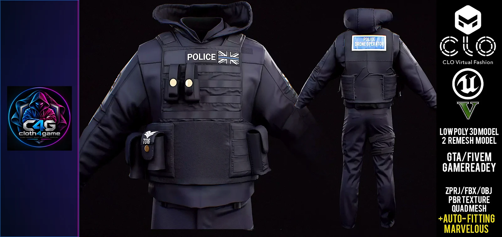 UK Police Drone Unit vest hoodie trousers Uniform for GTA FiveM - 3D model render by Cloth4Game